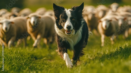 A border collie herding sheep across a green pasture, its intense gaze focused on the flock as it moves swiftly.