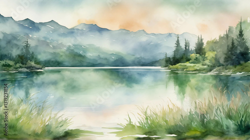 Green Mountains Reflected on the Lake - Dreamy Watercolor Landscape

