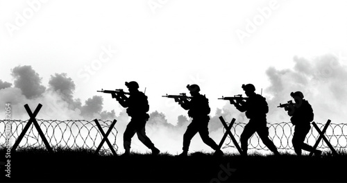 Soldiers troop with rifle gun in war silhouette vector, illustration for your background design, military man in the battle.
