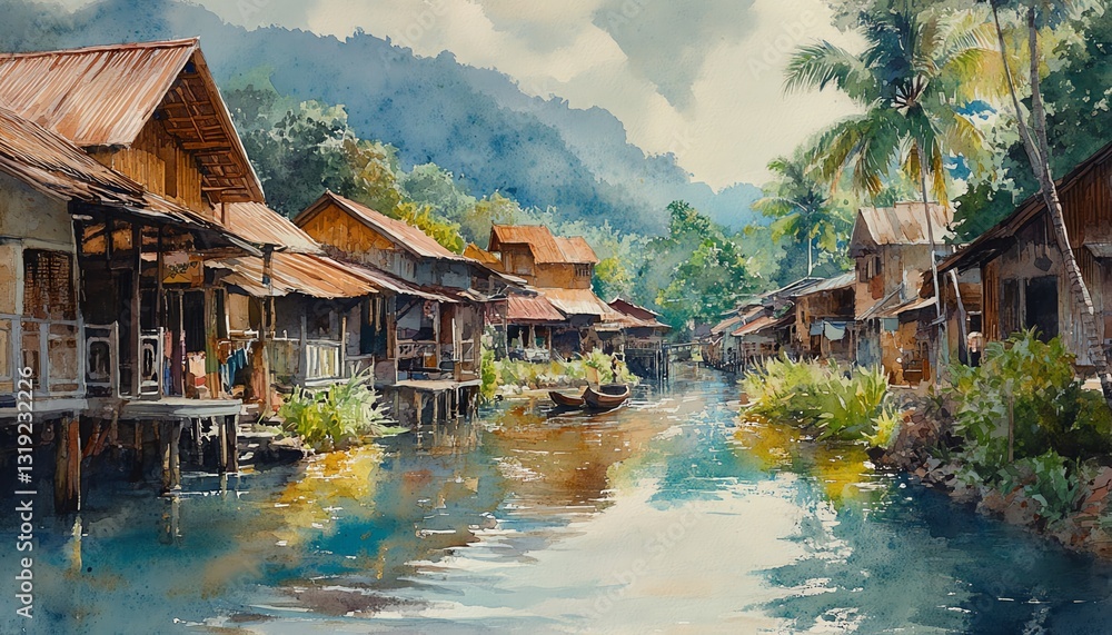 Fototapeta premium Watercolor depiction of a traditional Malaysian village along a vibrant waterway