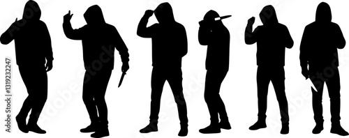 Set of robber with knife weapon in hand silhouette vector on white background
