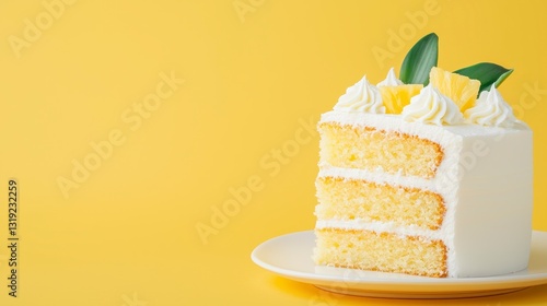 Three Layered Vanilla Cake with Pineapple and Whipped Cream on Yellow Background