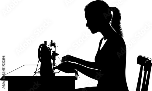 Female dressmaker with sewing machine silhouette vector
