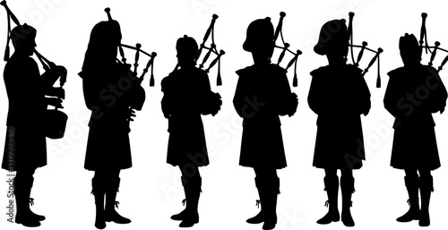 Set of Scottish man bagpipers in traditional dress silhouette vector on white background
