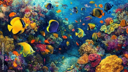 A breathtaking scene of a coral reef teeming with butterflyfish, angelfish, and wrasses in every color.