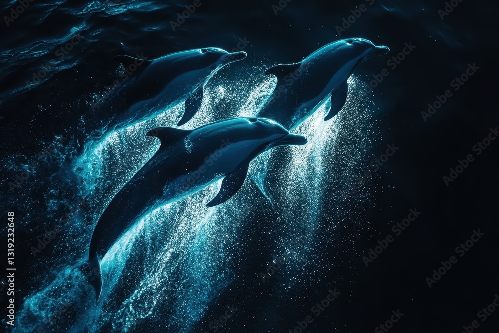 Fototapeta premium Dolphins swimming and jumping in dark blue ocean at night
