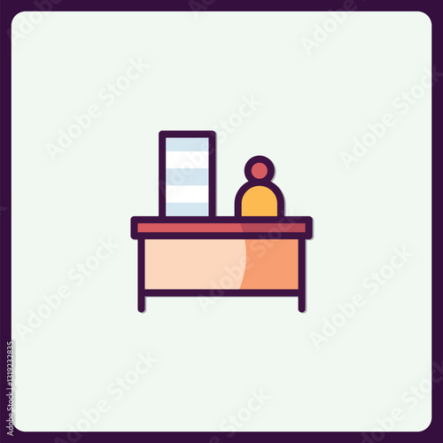 Stylized icon of a seated figure behind a desk with documents