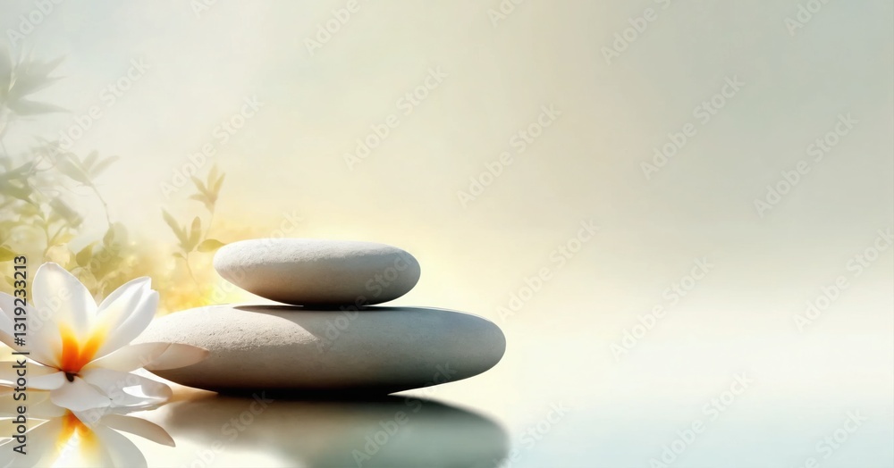 Tranquil arrangement of smooth stones and flower at dawn in a serene natural setting Tranquil arrangement of smooth stones and flower at dawn in a serene natural setting