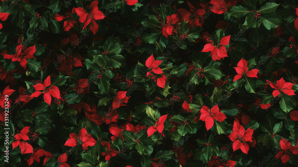 Festive poinsettia leaves and holly texture for holiday design Festive poinsettia leaves and holly texture for holiday design