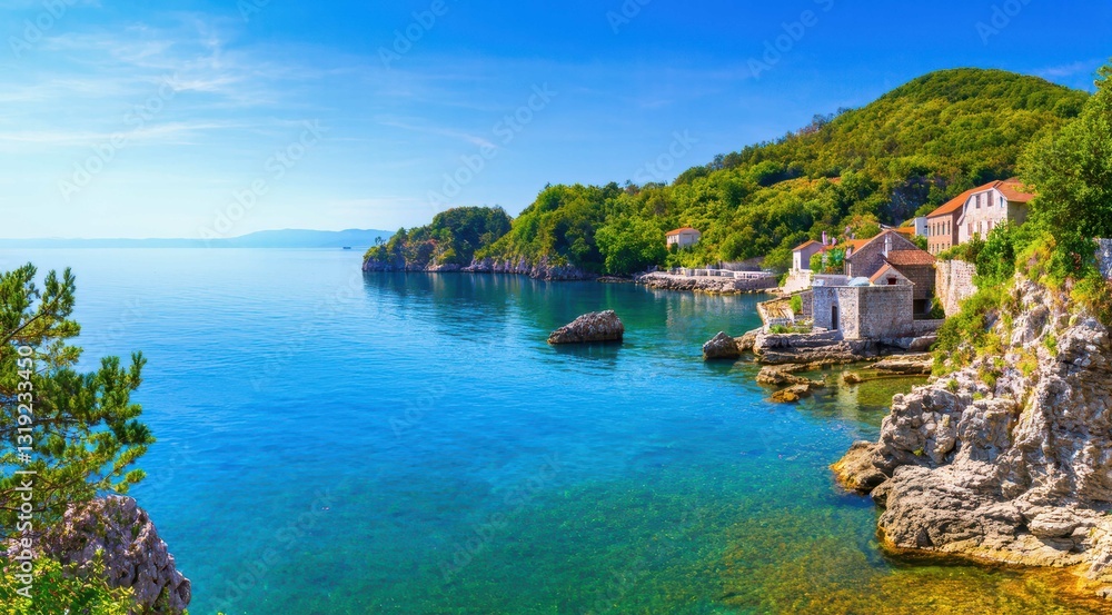 A tranquil coastal scene with lush greenery and blue waters. A tranquil coastal scene with lush greenery and blue waters.