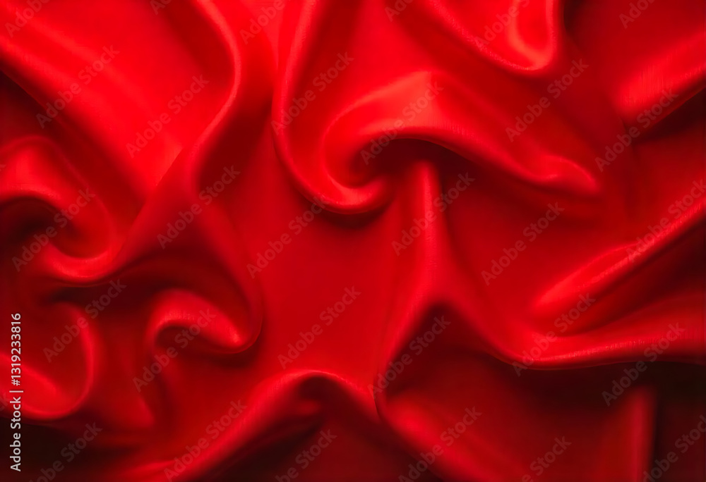 Obraz premium Red silk satin. Soft folds. Fabric. Bright luxury background. Space, design. Wavy lines. Banner. Flat lay, top view table. Template. Beautiful. Elegant. Christmas, New Year, Valentine, Mother's Day.