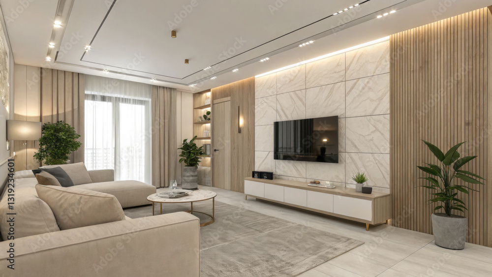 Fototapeta premium Modern living room with beige sofa, wooden accents, and plants