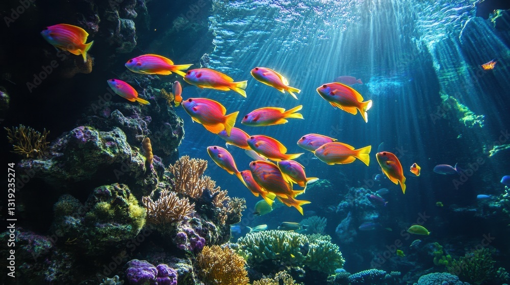 Naklejka premium A dazzling school of colorful fish swimming through a coral reef, their vibrant scales reflecting the sunlight.