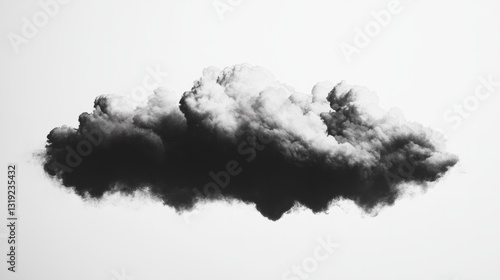 Wispy black cloud with soft gradients, abstractly floating on a white minimalist canvas 