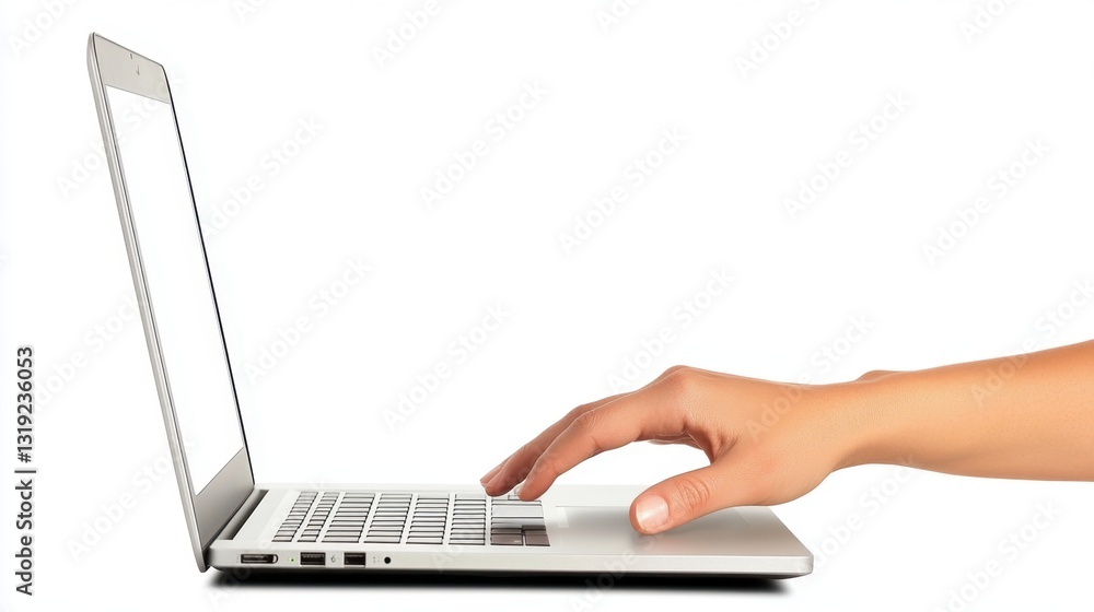 Woman using laptop with blank white screen, isolated on white background. Female hand using laptop with blank white screen, isolated on white background. Woman using laptop with blank white screen, isolated on white background. Female hand using laptop with blank white screen, isolated on white background.