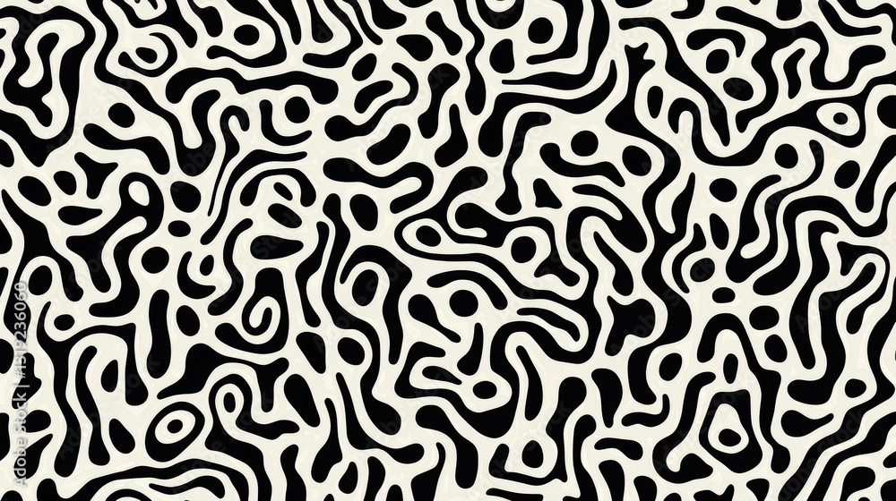 Abstract black and white pattern with fluid shapes and lines creating dynamic visual effect. This design can be used for backgrounds, textiles, or modern art projects Abstract black and white pattern with fluid shapes and lines creating dynamic visual effect. This design can be used for backgrounds, textiles, or modern art projects