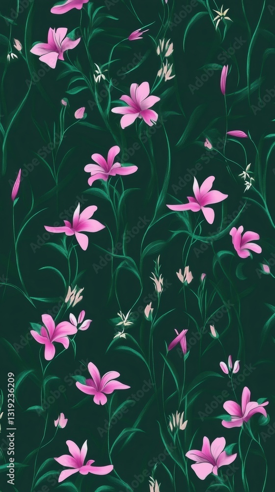 Obraz premium Soft pink blossoms, verdant leaves repeating across deep green backdrop, ideal for textile, packaging, and surface design patterns