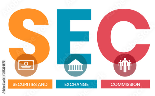 SEC - Securities and Exchange Commission acronym, business concept background. Can be used for web and mobile UI UX Isolated vector illustration