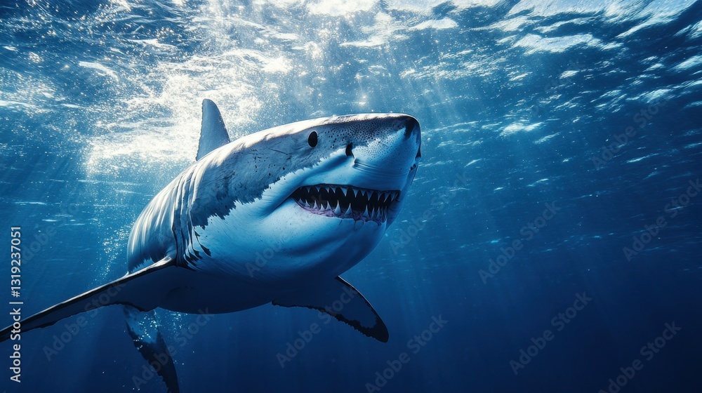 Fototapeta premium A great white shark emerging from the depths, its massive jaws slightly open in a powerful display.
