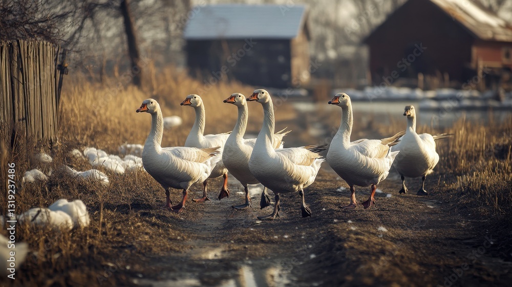 A group of geese waddling across a farmyard, flapping their wings as they move toward a small pond in the distance. A group of geese waddling across a farmyard, flapping their wings as they move toward a small pond in the distance.