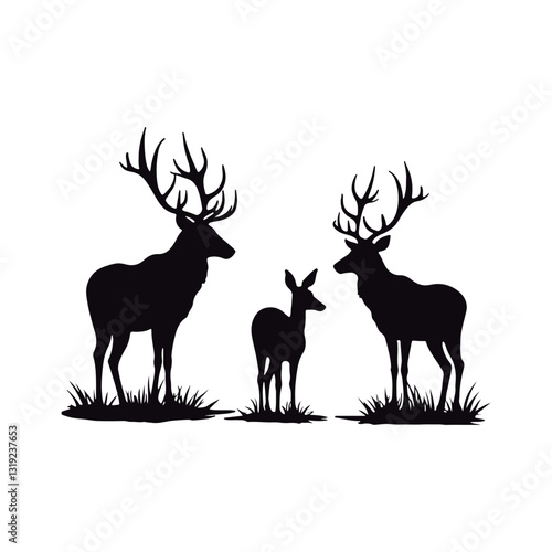 Stunning black silhouettes of various deer´s  kind  roe, female, and male wild deer
