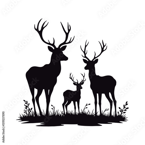 Stunning black silhouettes of various deer´s  kind  roe, female, and male wild deer
