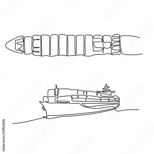 Continuous line drawing of Cargo Ship, Single line illustration