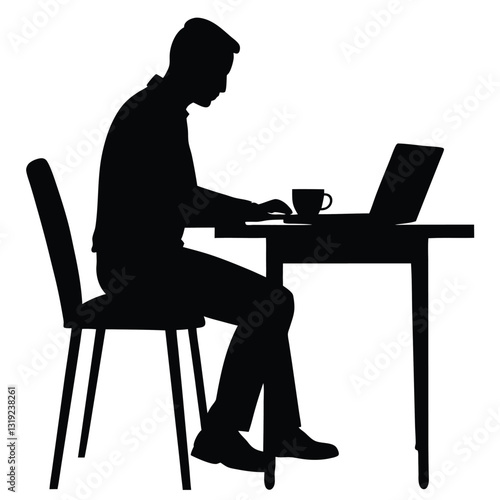 A silhouette illustration of a person sitting at a table, working on a laptop