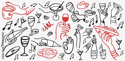 Isolated vector set of wine and alcoholic beverage glasses and tumblers. Hand drawn sketch.Red and black drawing on white background.Cocktails, martini, whiskey, cognac. Wine appetisers, cheese
