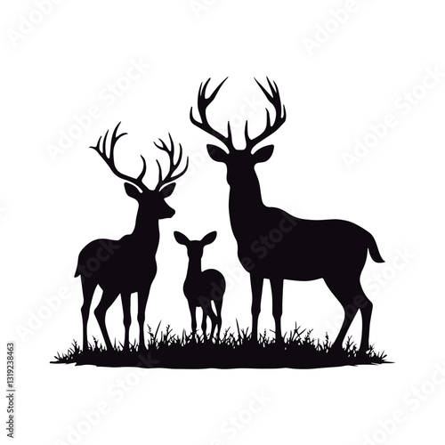 Stunning black silhouettes of various deer´s  kind  roe, female, and male wild deer
