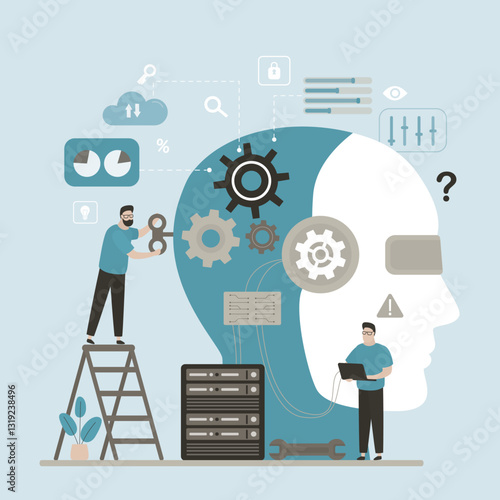 Business characters with tools at huge cyborg head. Artificial intelligence, machine learning, chat bot training. Rpa, Robotic process automatization, Ai. Neural network training.