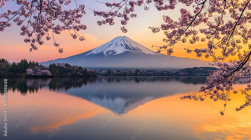 Obraz premium Cherry Blossoms and Pagoda at Sunset with Majestic Mt. Fujisan in the Background: A Stunning Spring Landscape in Japan