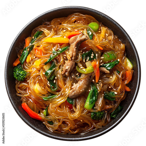 A Bowl of Korean Japchae Stir Fried Glass Noodles Isolated on Transparent Background