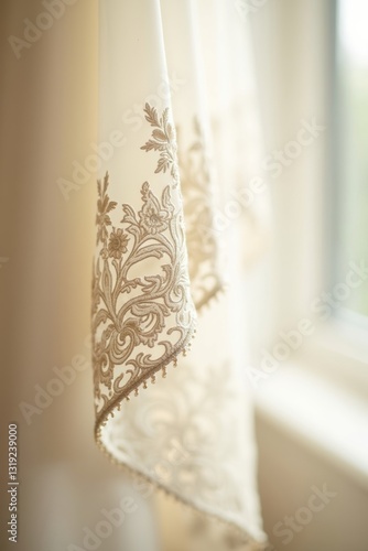Close-up embroidered curtain with floral pattern and lace edge, featuring day-lit interior design for old-fashioned charm. Transparent textile enhances vintage softness and neat decorative style