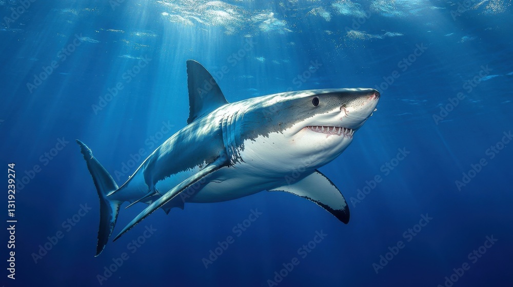Fototapeta premium A majestic great white shark swimming gracefully through the deep blue ocean, its powerful body cutting through the water.