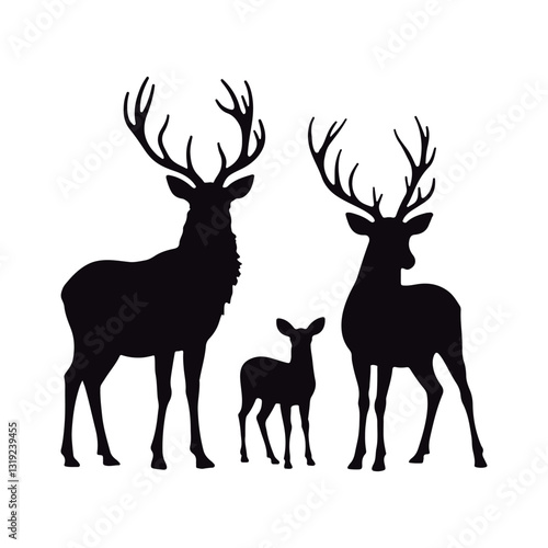 Stunning black silhouettes of various deer´s  kind  roe, female, and male wild deer
