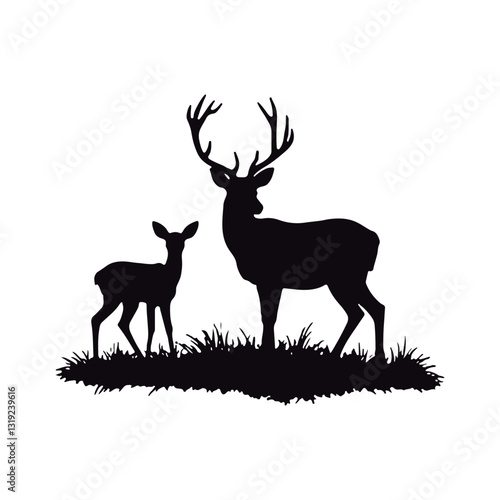 Stunning black silhouettes of various deer´s  kind  roe, female, and male wild deer

