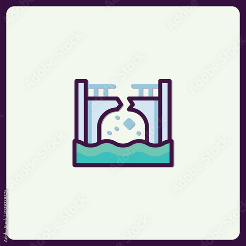 Illustration of Dam Failure with Water Cascading Through the Ruptured Structure