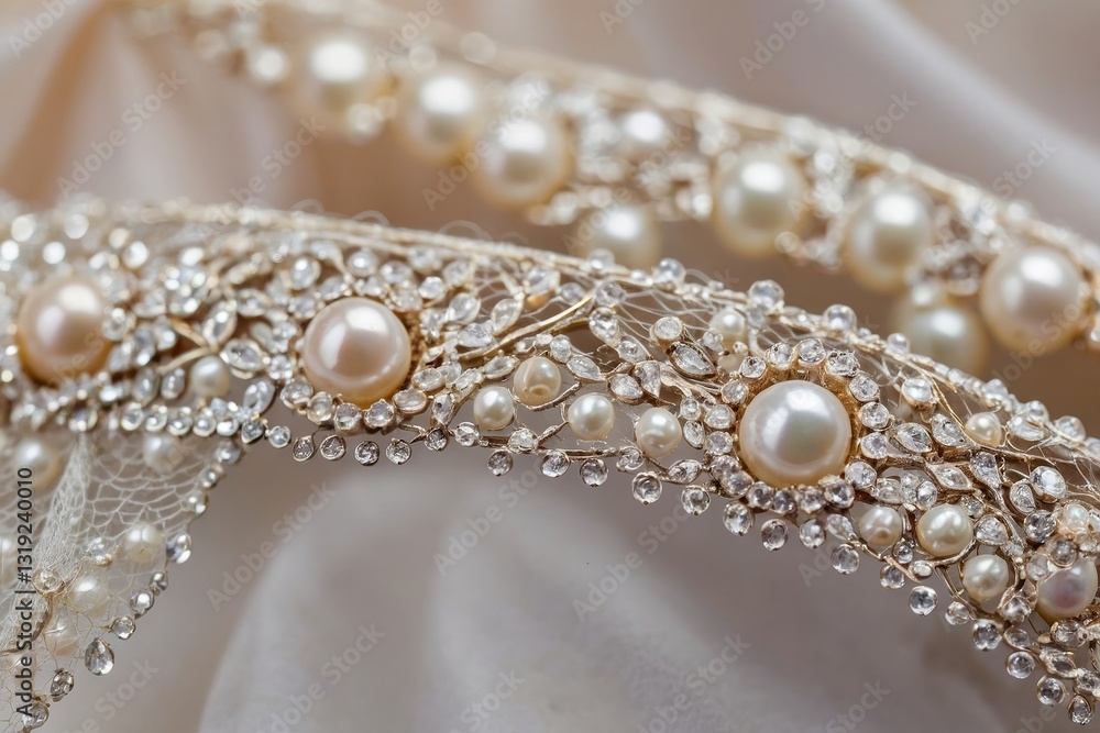 Pearl-laced veil captured in close-up, showcasing delicate bead embroidery and vintage lace patterns. Pearl-laced motif adds graceful shimmer, perfect for timeless bridal gown style Pearl-laced veil captured in close-up, showcasing delicate bead embroidery and vintage lace patterns. Pearl-laced motif adds graceful shimmer, perfect for timeless bridal gown style