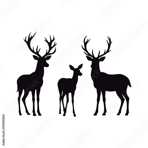 Stunning black silhouettes of various deer´s  kind  roe, female, and male wild deer
