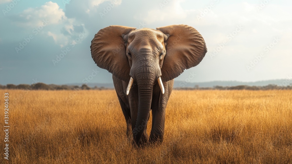 Fototapeta premium A peaceful elephant standing in a vast open field, ears flapping gently in the warm afternoon breeze.