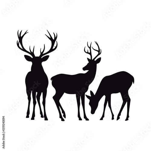 Stunning black silhouettes of various deer´s  kind  roe, female, and male wild deer
