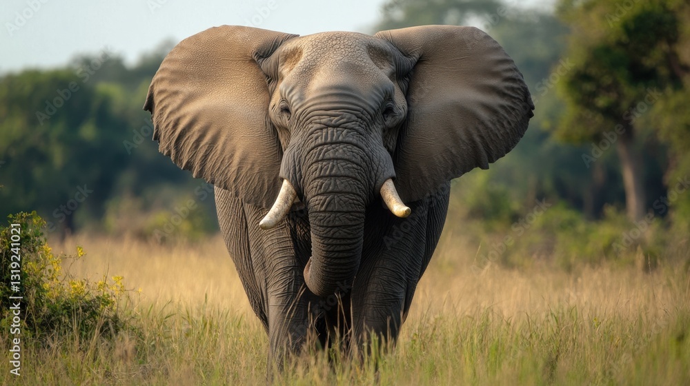 Fototapeta premium A powerful bull elephant raising its trunk and flaring its ears, displaying dominance in its natural habitat.