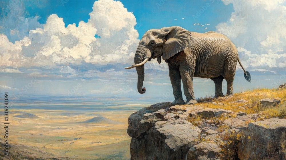 Fototapeta premium A powerful bull elephant standing on a rocky outcrop, gazing over the endless plains below.