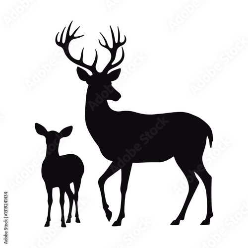 Stunning black silhouettes of various deer´s  kind  roe, female, and male wild deer
