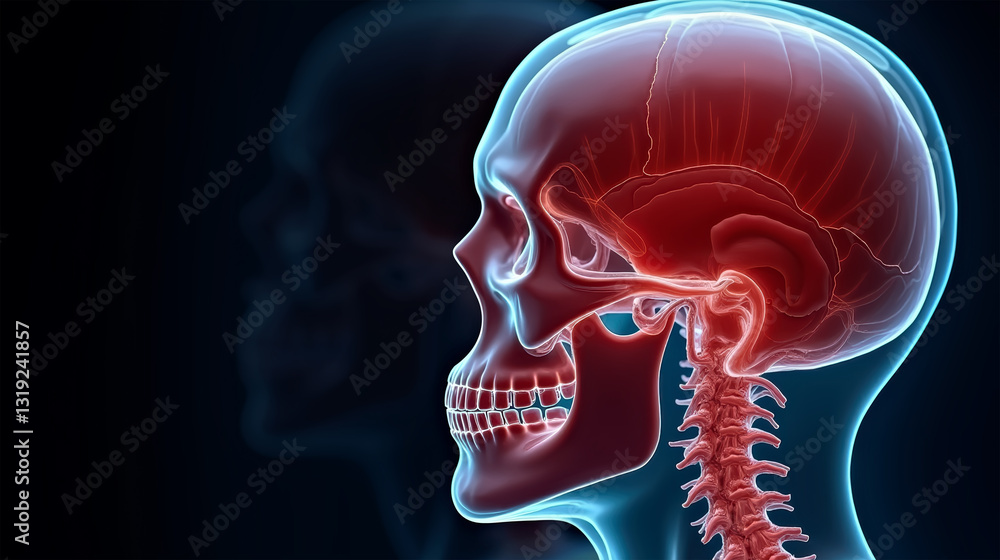3D digital representation of the human skull with the brain and cervical spine visible, highlighting the connection of the central nervous system. 3D illustration of human skull with brain and spinal 3D digital representation of the human skull with the brain and cervical spine visible, highlighting the connection of the central nervous system. 3D illustration of human skull with brain and spinal