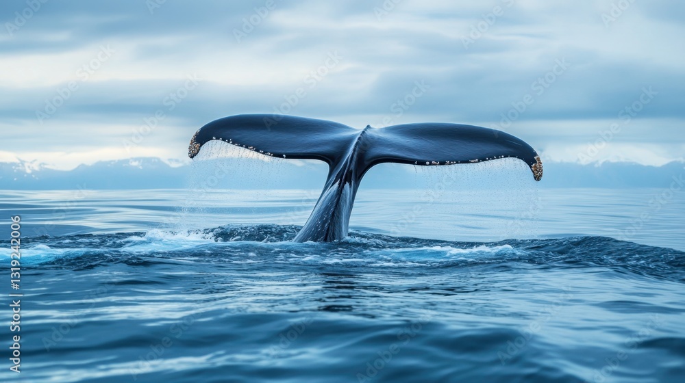 Obraz premium A stunning image of a blue whales tail fin rising above the water before a deep dive.