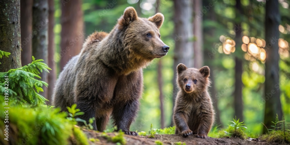 Fototapeta premium A mother brown bear and her cub standing amidst lush green forest vegetation