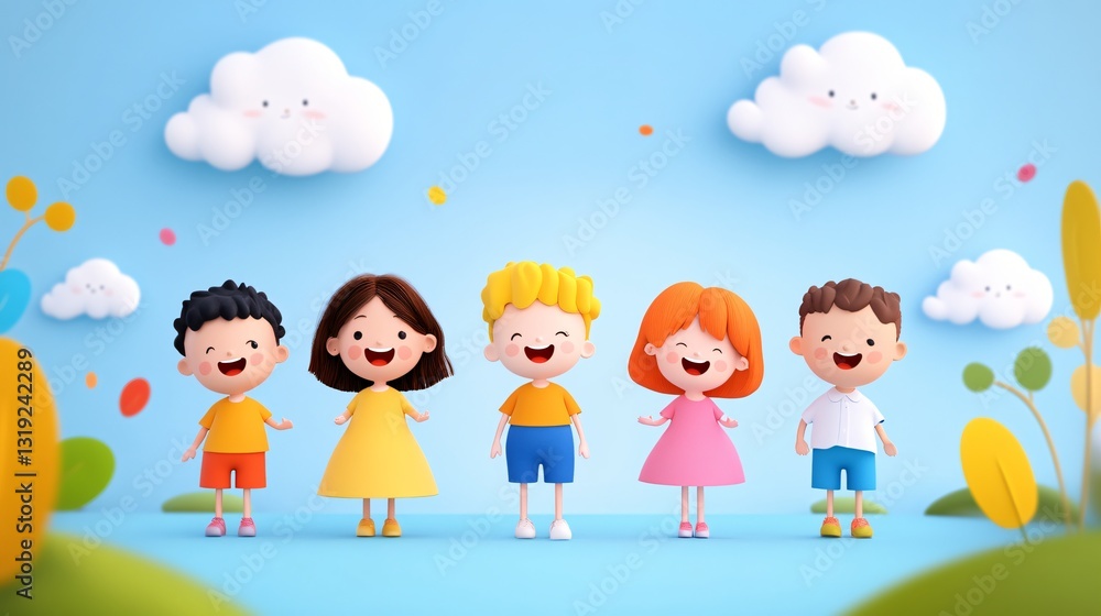Group of cheerful children enjoying nature, diverse kids wearing colorful clothes, smiling under a bright sky, joyful atmosphere.