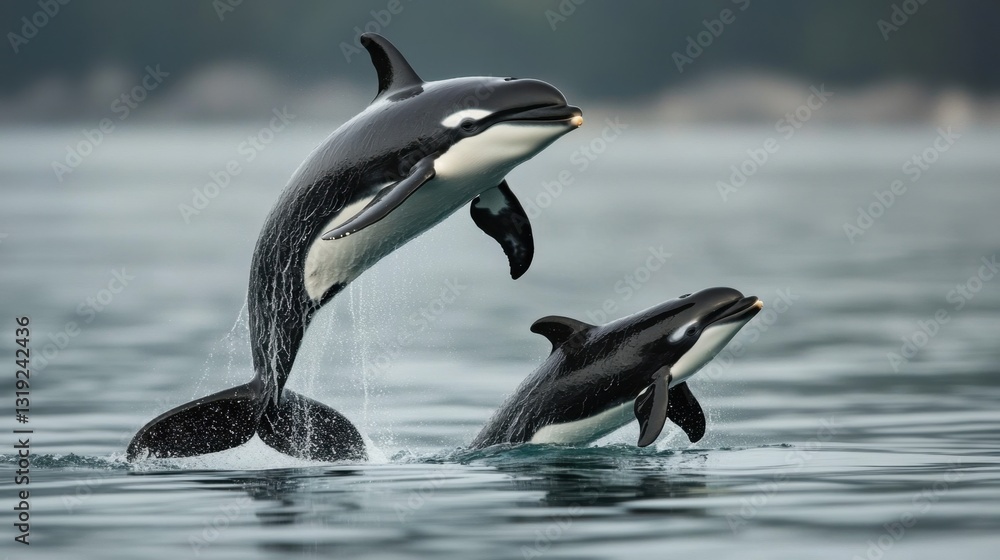 Fototapeta premium A whale calf imitating its mother, playfully jumping out of the water in perfect synchronization.